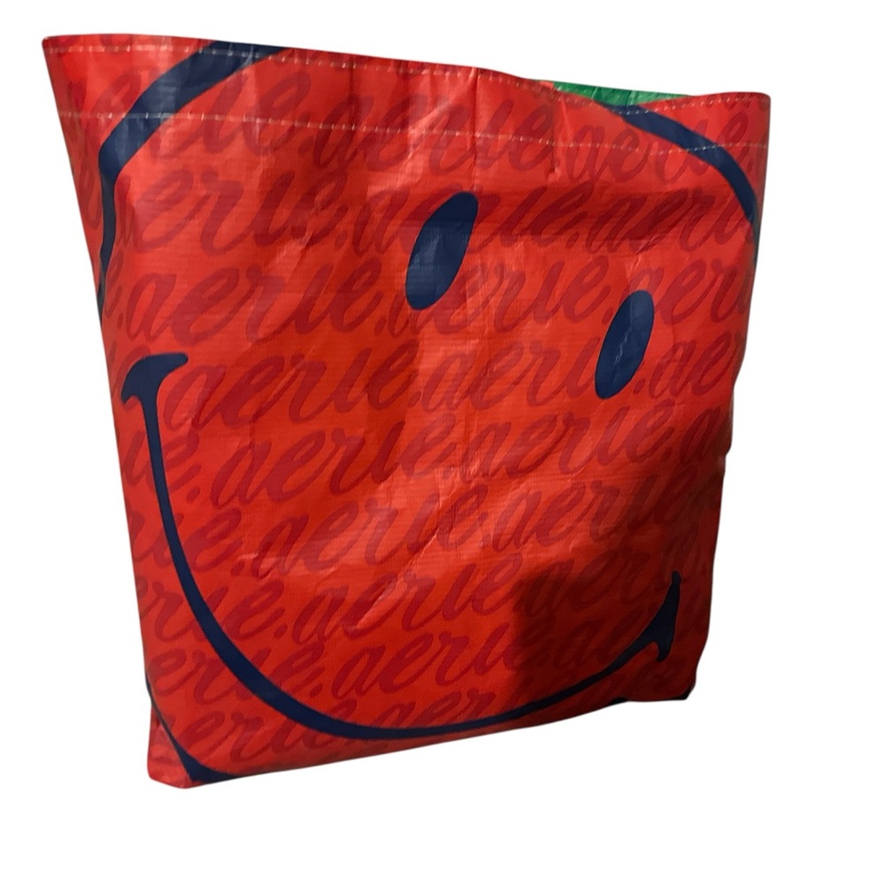 Aerie Red/Green Reusable Shopping  Tote with Blue Smiley Face free w:bundle of 3